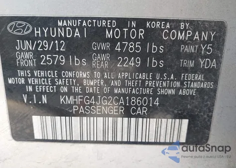 2012 Hyundai Azera из США, поврежденный, VIN KMHFG4JG2CA186014